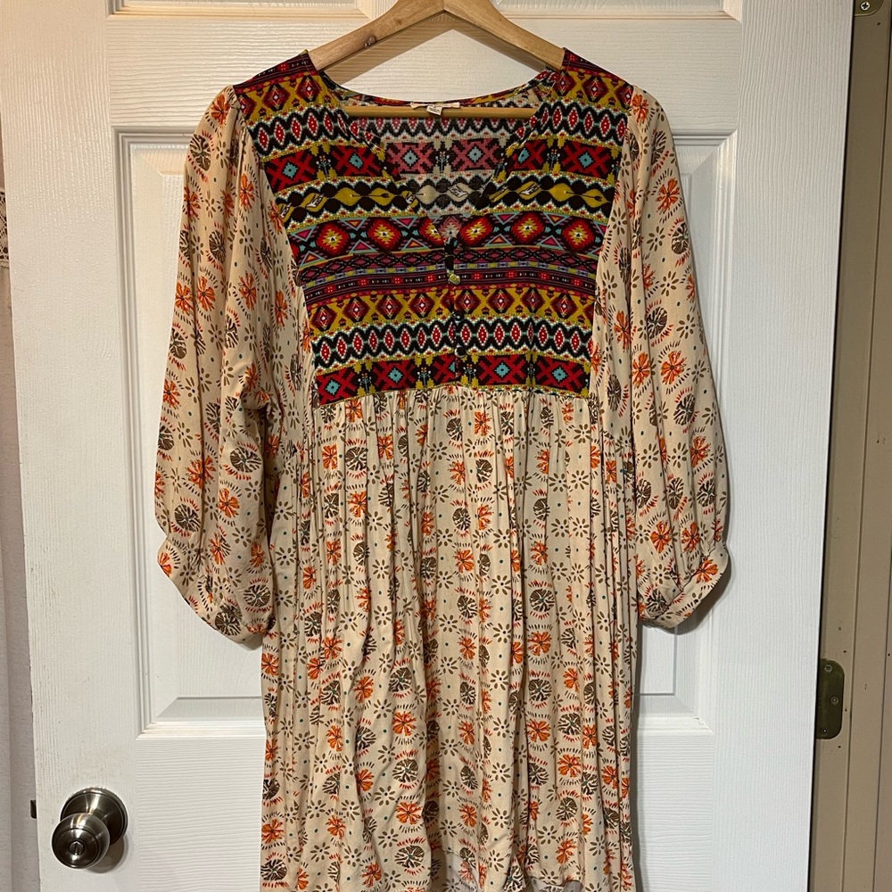 Bohemian Patterned Dress with Embroidered Yoke